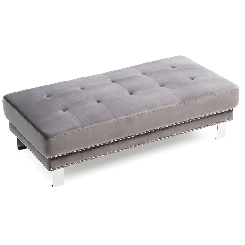 Repose-pieds chic gris pour deux personnes, H 16 po x l 57 po x P 28 po, velours, rembourrage en mousse, repose-pieds double élégant, rembourré