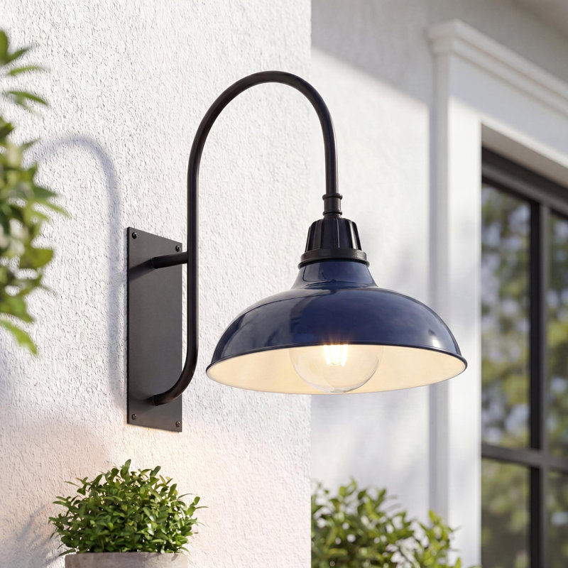 Manasi 12.25" 1-Light Farmhouse Industrial Indoor/Outdoor Iron LED Gooseneck Arm Outdoor Sconce, Navy