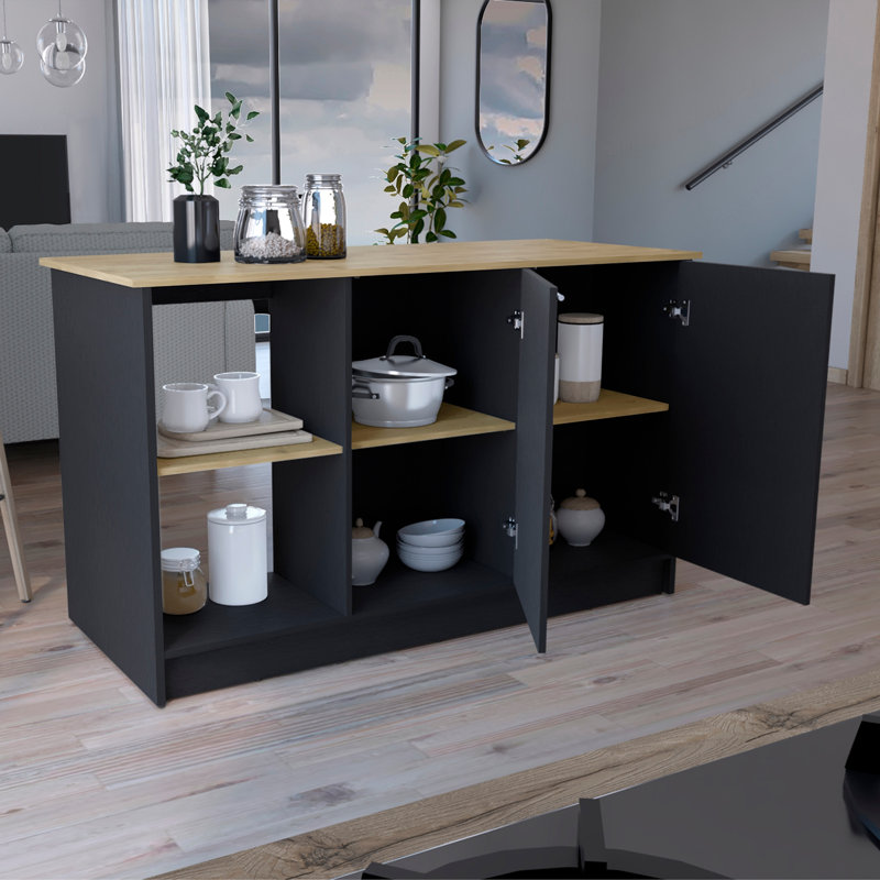Îlot de cuisine Juniper avec grande surface supérieure, armoire à deux portes et tablettes ouvertes, Noir
