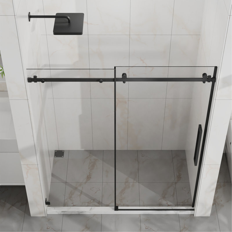 60" W X 72" H Sliding Shower Door, Frameless Sleek Glass Shower Door, 1/4" (6Mm) Thick Tempered Clear Glass With Easy-Clean Coating, Stainless Steel Hardware, Matte Black