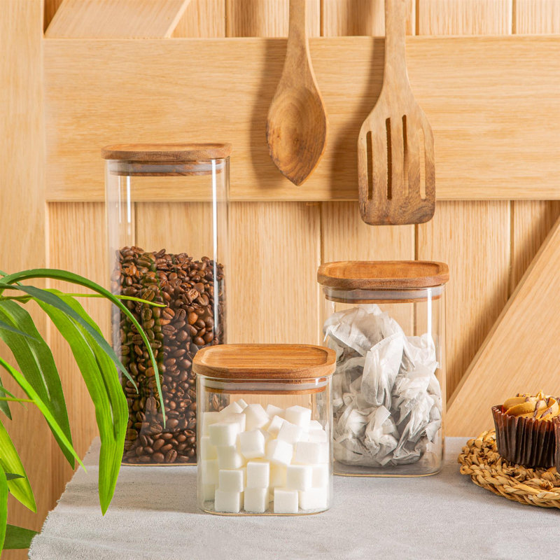 Argon Tableware - Square Glass Storage Jars with Wooden Lids - 3 Piece Set