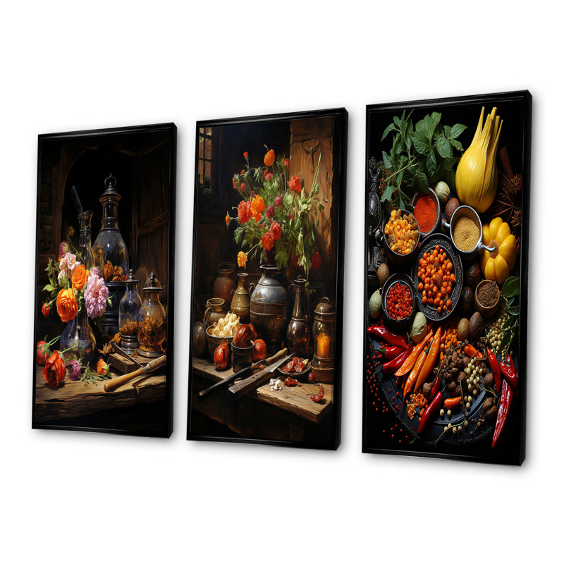 Arômes intenses avec teintes intenses - ensemble de 3 reproductions d'art sur toile épices, Cadre flottant noir