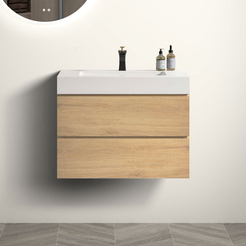 Natural Oak Bathroom Storage Cabinet Shelf - Wall Mounted With A Glossy Basin And Double Drawer Space Vanity White Quiet System