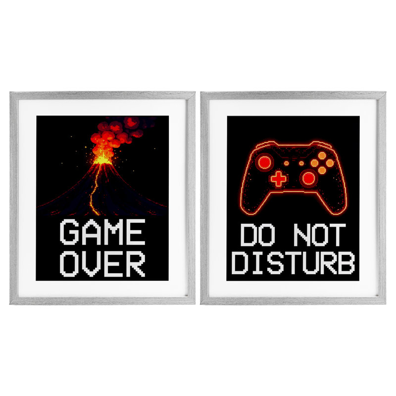 Ensemble de 2 impressions encadrées sous verre Pixel Game Sentiments, design par Kim Allen, Cadre de ferme gris