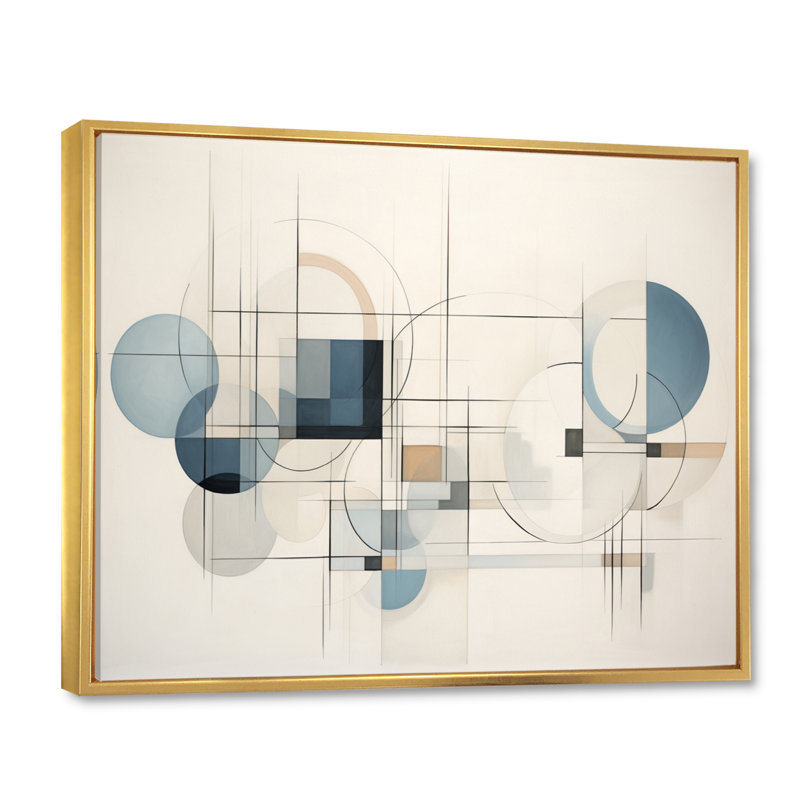 Bleu gris, dessin au trait abstrait géométrique IV - art mural, H 34 po x l 44 po x P 1,5 po, Cadre flottant doré