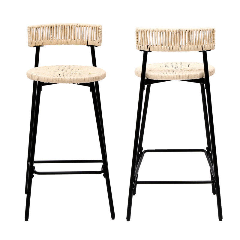 Tabourets de comptoir en corde de papier tissés à la main (de 2). Recherchez un bar pour la maison. Structure en métal noir avec siège blanc crème. Et un style polyvalent. Confortable