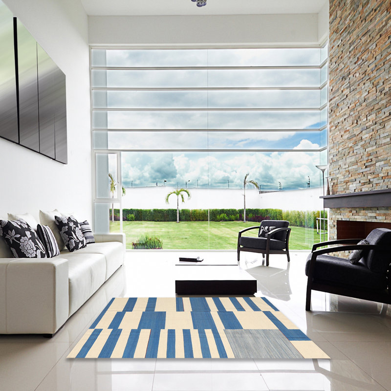 Tapis abstrait bleu / beige, Carré 8 pi