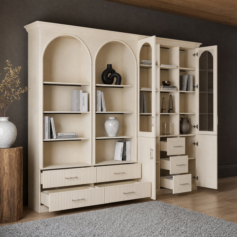 92.5'' H 2-Piece Bookcase With Double Arched Open Shelves & Drawers