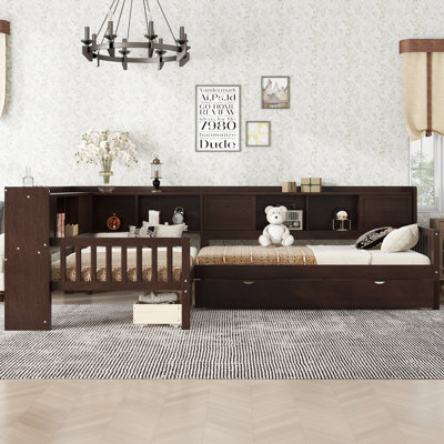 Lit plateforme en L simple avec lit gigogne, lit plateforme avec tiroirs de rangement et tablettes, pas de sommier nécessaire, gris