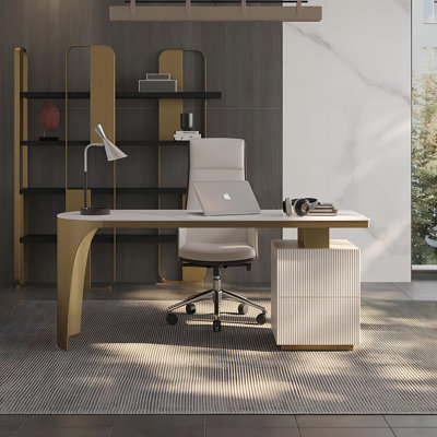 Beige Rectangular Sintered Stone Writing Desk,2-drawer