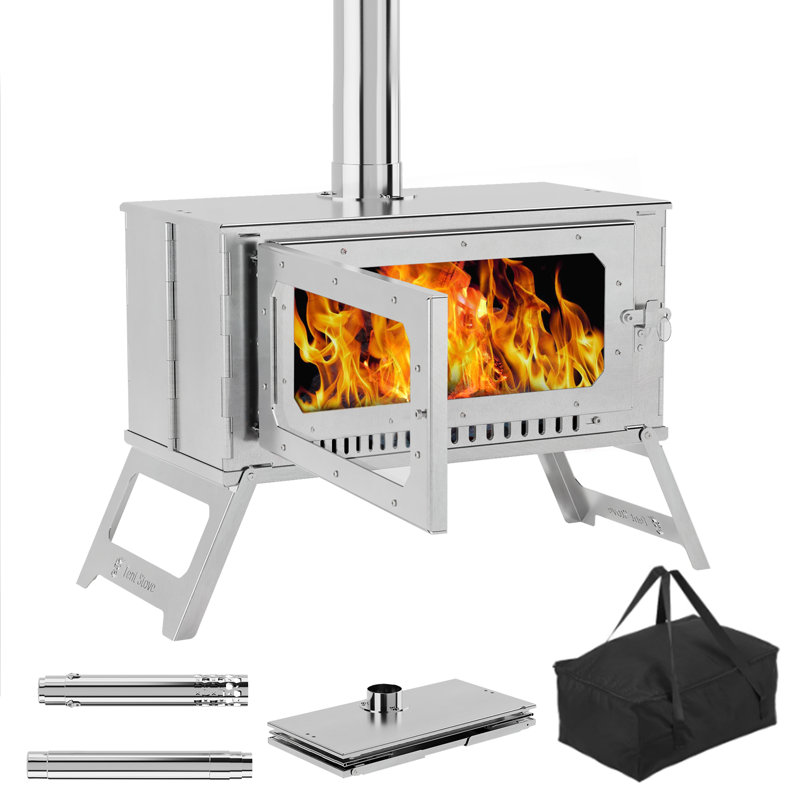Camping Wood Stove Stainless Steel Wood Burning Stove with Pipes and View Glass Tent Stove with Carrying Bag Basic Model