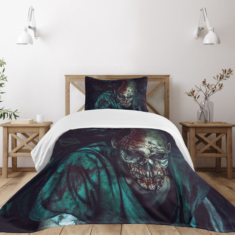 White Twin Quilted Bedspread Set with Zombie Design