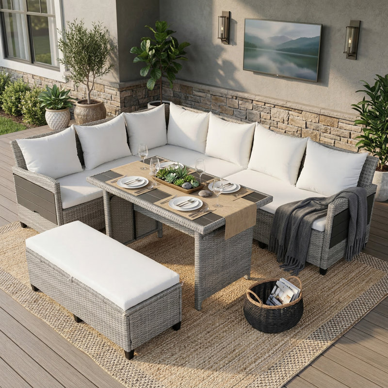 Ensemble de canapé modulaire en L 5 pièces avec 2 tables d'appoint et table de salle à manger extensibles en PE