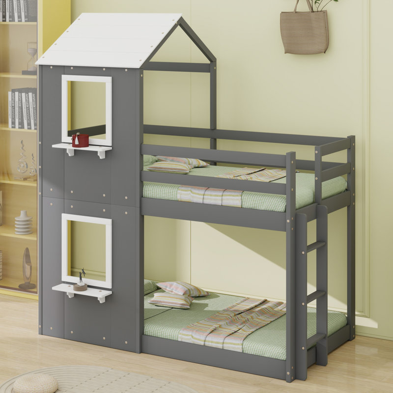 Lit superposé en bois avec toit, fenêtre, garde-corps et échelle, Gris