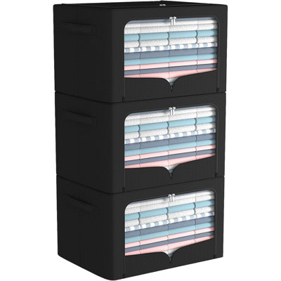 3 Pack Clothes Storage Bins Foldable Metal Frame Storage Box Stackable Linen Fabric Organizer Set With Carrying Handles And Clear Window