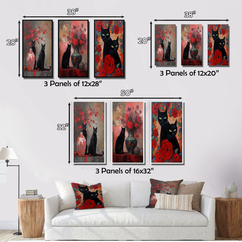 Black Cat Next Vase With Red Flowers Painting - Animals Cat Art Set Of 3 Pieces, Cadre noir, H 32 po x l 48 po