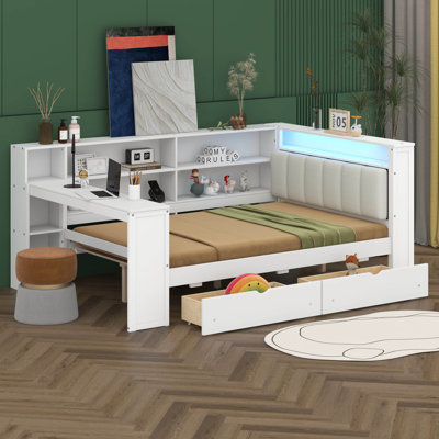Lit d'angle pleine grandeur, lit de jour avec tablettes et tiroirs de rangement, station de charge et DEL, bureau et tête de lit tapissier pour enfants et adolescents