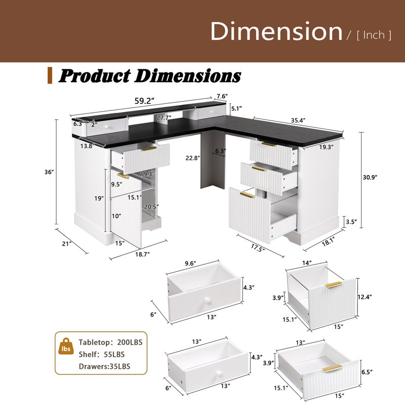 59" Modern Fluted L-Shaped Desk With Charging Station & Storage Cabinet - Home Office Computer Desk With Monitor Stand, File Drawer And Removable Support Shelf For Study, Home Office