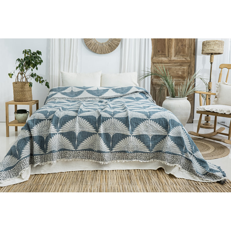 Crane Muslin Bed Blanket, Teal