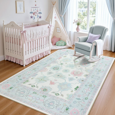 Boho Oushak Area Rugs, Washable Non-Slip Rugs, Oriental Floral Soft Thin Indoor Carpet