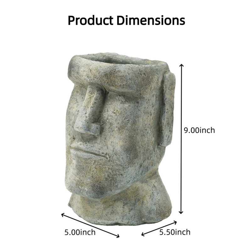 [Pot de fleurs statue en ciment île de Pâques] 5x5.5x9 "Jardinière en forme de pierre grise | Support à plante de petite et moyenne taille 900 ml (6,8 lb)