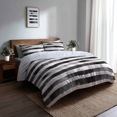 Ensemble d'édredon rayé 6 pièces - Lignes de fumée modernes noires et blanches avec taies décoratives et coussins décoratifs