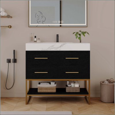 Meuble-lavabo en pierre artificielle avec lavabo en céramique, meuble-lavabo moderne avec tiroirs à fermeture en douceur et tablettes ouvertes, meuble-lavabo autoportant avec pieds en acier inoxydable et grand espace