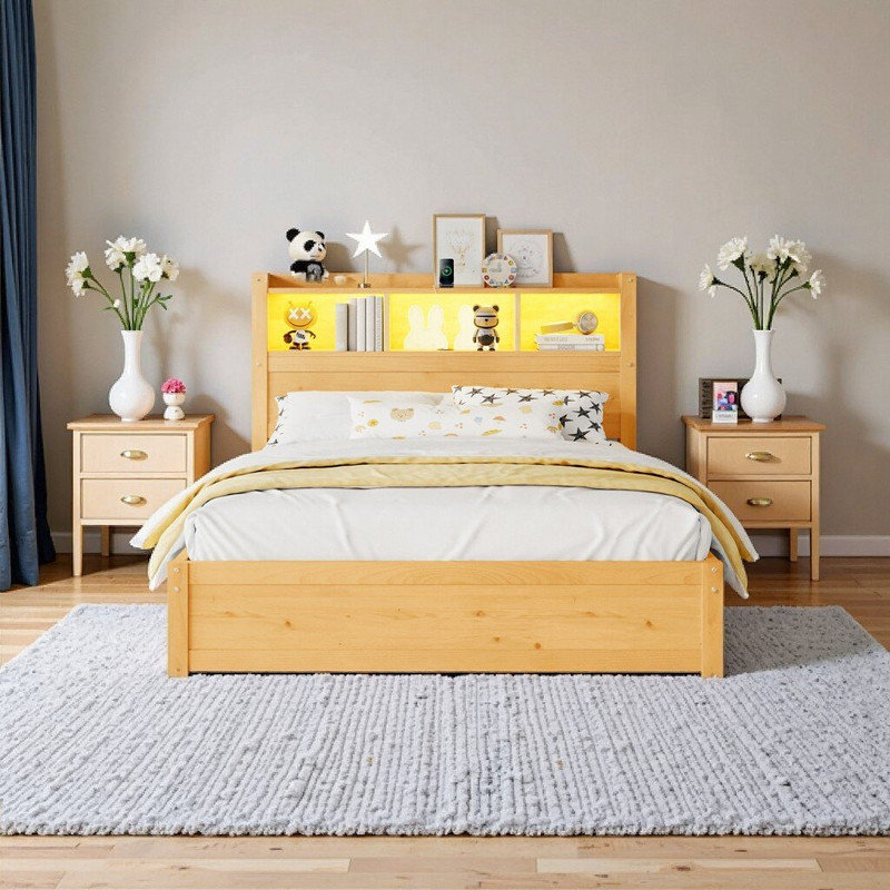 Lit simple fonctionnel double avec lumière de tête de lit à DEL, deux tiroirs sous le lit et rangement réversible, Naturel
