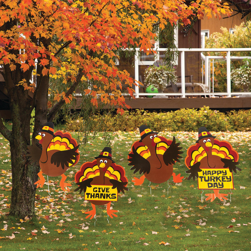 Tumbling Thanksgiving Turkeys Yard Sign Set with Pilgrim Hats