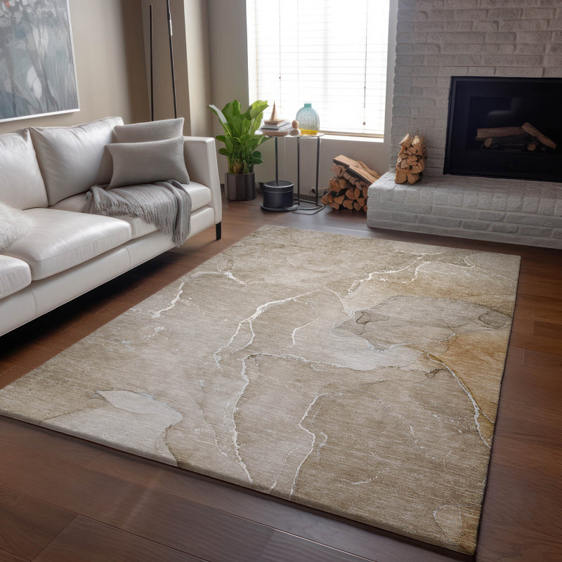 Premium Machine Washable Cerrito AMF511 Beige 8' x 8' Round Rug, Rectangle 5 pi x 7 pi 6 po