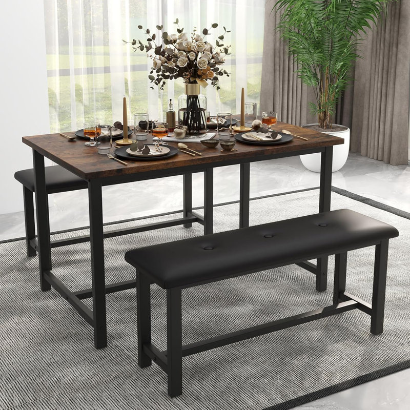 Ensemble de table de salle à manger de ferme 3 pièces pour 4 personnes, table de cuisine rectangulaire avec 2 bancs rembourrés, mobilier peu encombrant pour appartement et petits espaces