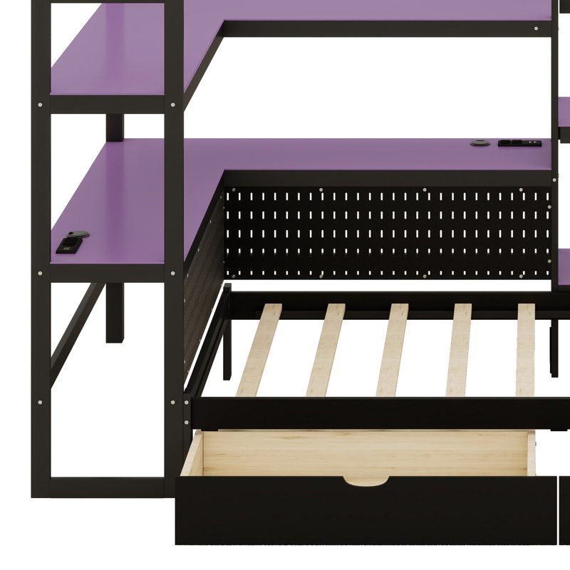 Lit et bureau de jeu avec lumière DEL, 3 tiroirs de rangement et station de charge intégrée, Noir et mauve