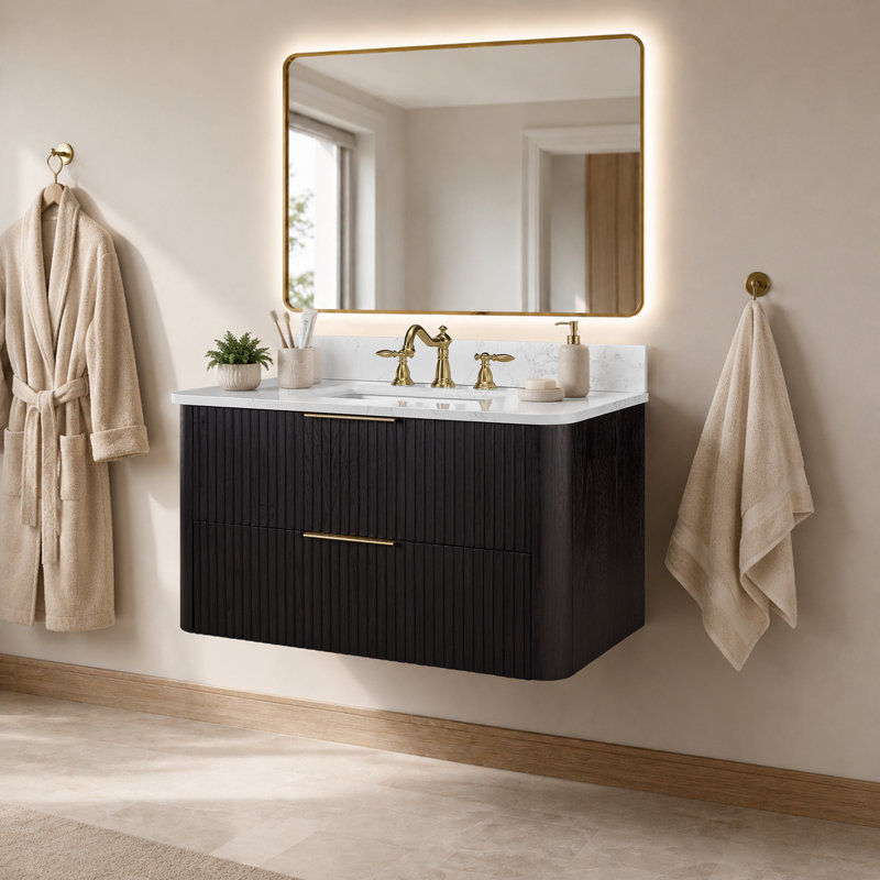 Meuble-lavabo flottant 36 po avec lavabo, meuble-lavabo mural cannelé, comptoir en faux marbre, tiroir à fermeture en douceur, entièrement assemblé, chêne noir