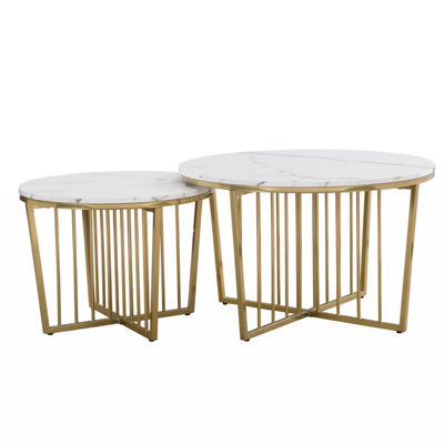 Modern Round Nesting Coffee Table Set 2-Piece White & Marbling Top Gold Base -  Mercer41, 5C17801F043C47B7AB1DE121188259BA