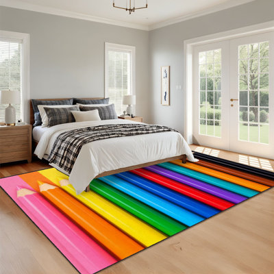 Tapis lavable 9x12, motif crayons de couleur vive, à poils courts, avec envers antidérapant en TPE, couleurs vives et alignées, doux et vibrant, idéal pour le salon, la chambre, la salle à manger et le bureau à domicile.
