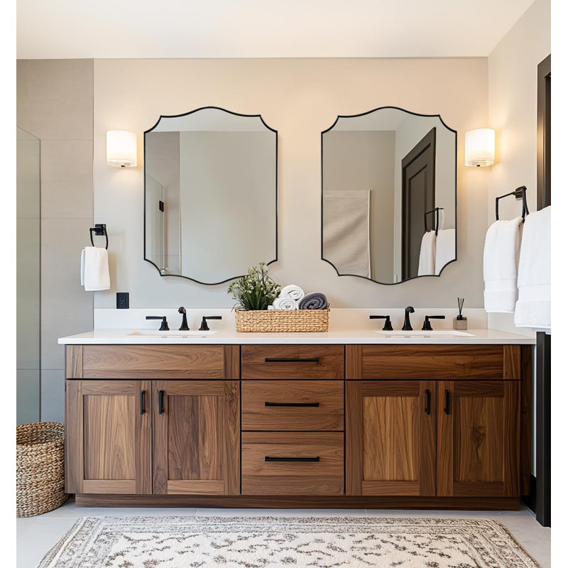 Anayalee Traditional Scalloped Rectangle Bathroom Vanity Mirror | Stainless Steel Frame, Brushed Gold, 36" x 28"