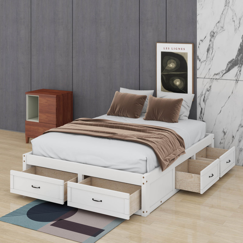 Grand lit plateforme avec tiroirs, Blanc antique