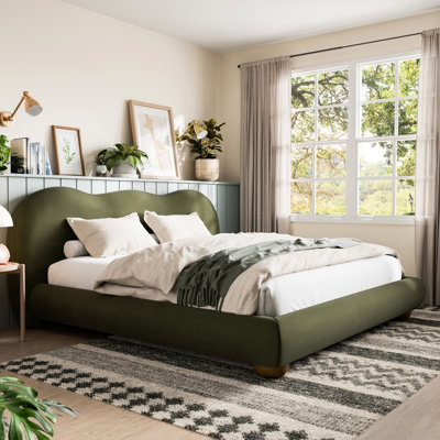 Lit olive contemporain, très grand lit oriental, revêtement en velours bouclé, bois d'hévéa massif et bois d'ingénierie, structure à profil bas, bois d'hévéa, lit pour chambre à coucher