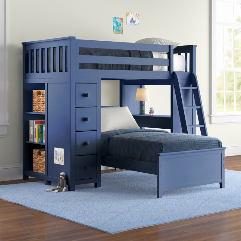 Herminda Twin Solid Wood L-Shaped Bunk Beds with Bookcase, Gray