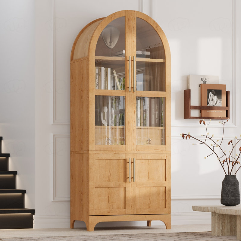 Armoire de cuisine Farmhouse avec tablettes ouvertes et réglables, tiroir caché et porte vitrée, Naturel