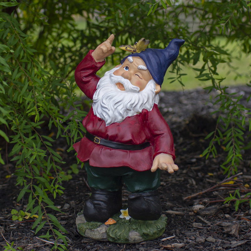 Statue de jardin gnome rouge et vert 11,25 po avec papillon