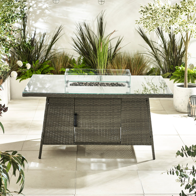 Marcella Rattan 6 Seater Garden Dining Table With Smokeless Fire Pit Table - Modern Garden Set, Grey