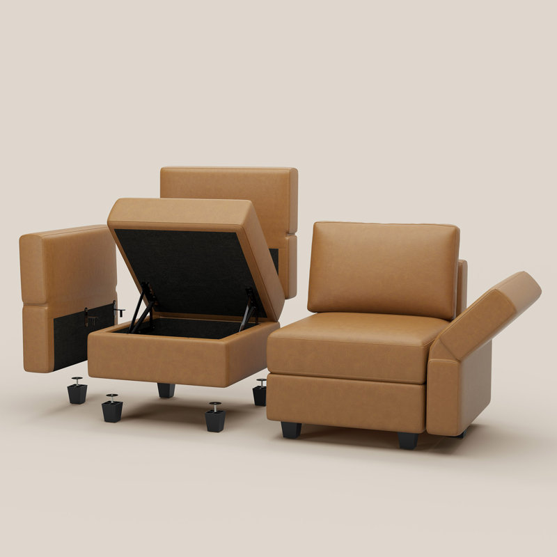 Canapé modulaire en velours réversible 9 pièces avec rangement Wylodene, Similicuir orange