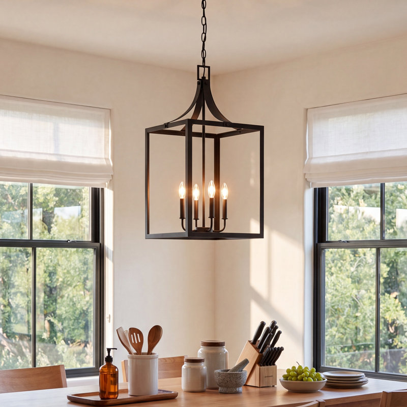 Carla 4 - Light Dimmable Lantern Square / Rectangle Chandelier, Black, 27.25" H x 14" W x 14" D, No