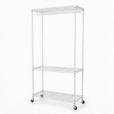 Heavy Duty Freestanding Garment Rack with Adjustable Shelves and Wheels, Ideal for Organized Storage in Small Spaces
