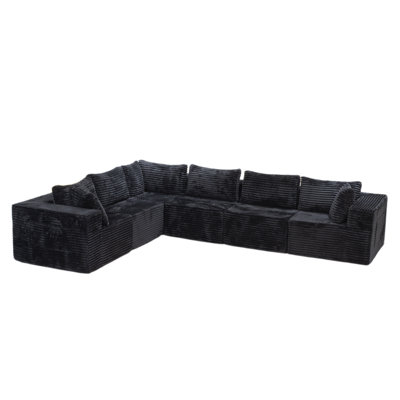 126" U-Shaped Compression Sectional For 6, Corduroy Cloud Couch, Black