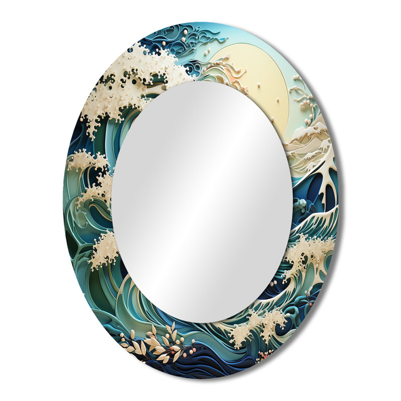Teal White Ocean Rhapsody - Coastal Oval Decorative Mirror On Metal, 43" x 33"