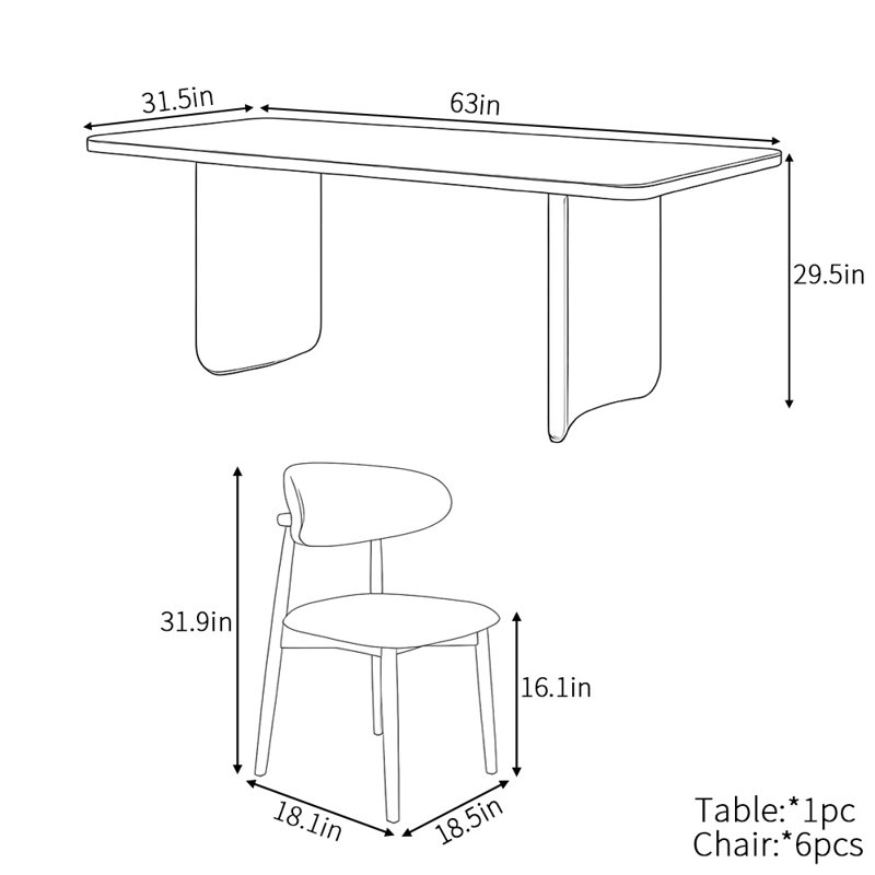 Ensemble de table de salle à manger de luxe crème clair, H 29,5 po x L 63 po x l 31,5 po