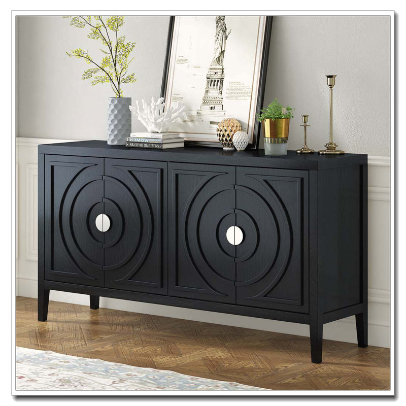 Retro 4-Door Sideboard with Circular Groove Design and Round Handles, Black