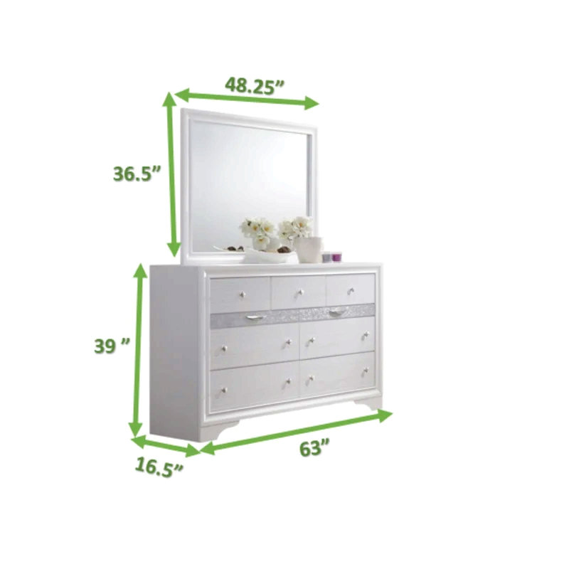 Ensemble de chambre avec grand lit 4 pièces, Grand lit, Blanc, Quatre pièces : lit, commode, miroir et table de